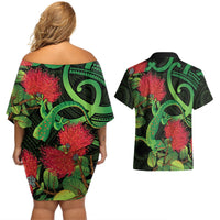 New Zealand Gecko Couples Matching Off Shoulder Short Dress and Hawaiian Shirt Aotearoa Maori With Pohutukawa Flowers