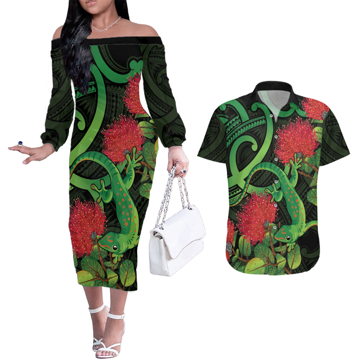New Zealand Gecko Couples Matching Off The Shoulder Long Sleeve Dress and Hawaiian Shirt Aotearoa Maori With Pohutukawa Flowers