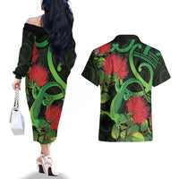 New Zealand Gecko Couples Matching Off The Shoulder Long Sleeve Dress and Hawaiian Shirt Aotearoa Maori With Pohutukawa Flowers