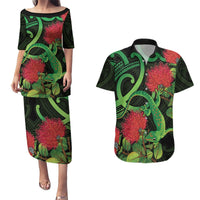 New Zealand Gecko Couples Matching Puletasi and Hawaiian Shirt Aotearoa Maori With Pohutukawa Flowers