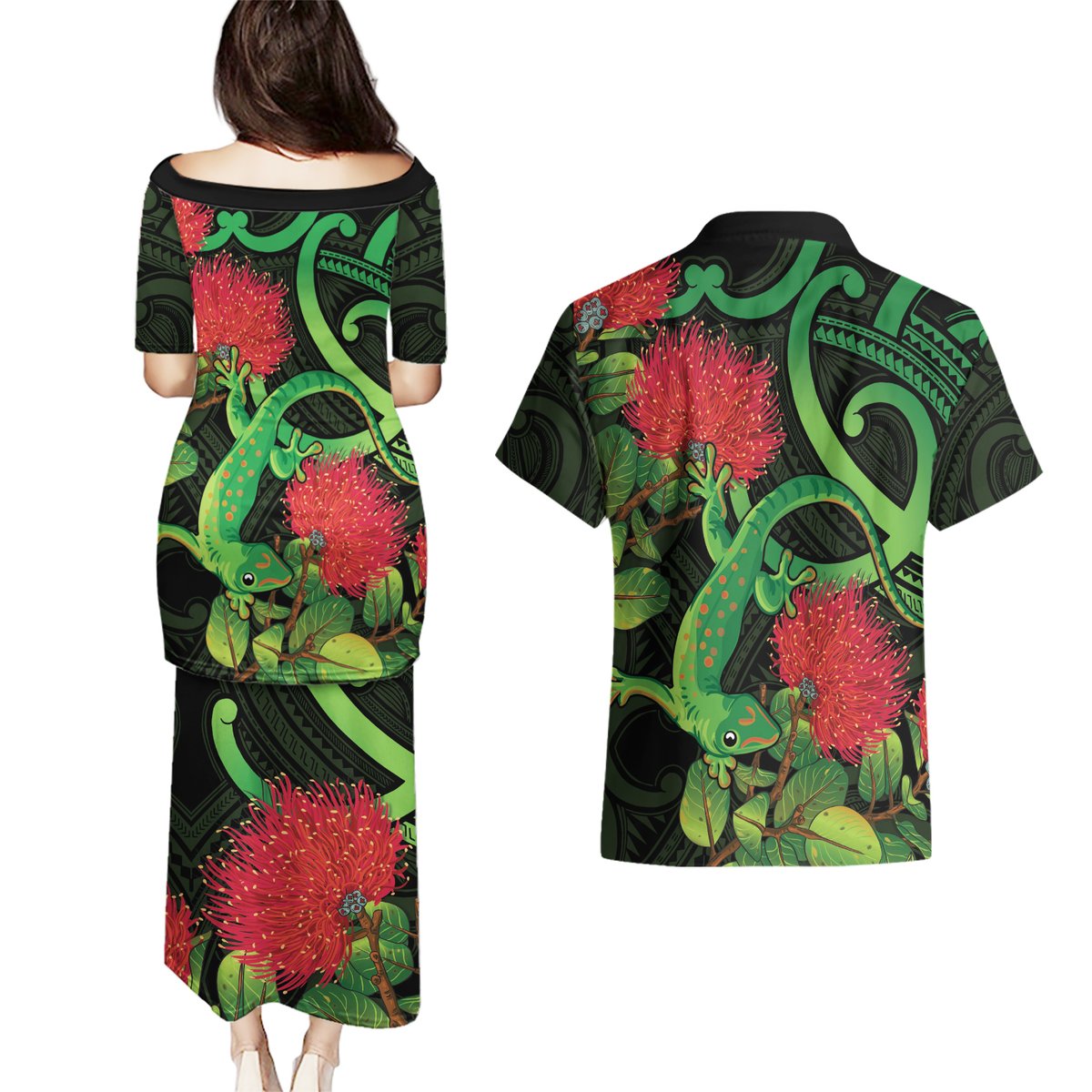 New Zealand Gecko Couples Matching Puletasi and Hawaiian Shirt Aotearoa Maori With Pohutukawa Flowers
