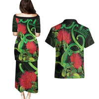 New Zealand Gecko Couples Matching Puletasi and Hawaiian Shirt Aotearoa Maori With Pohutukawa Flowers