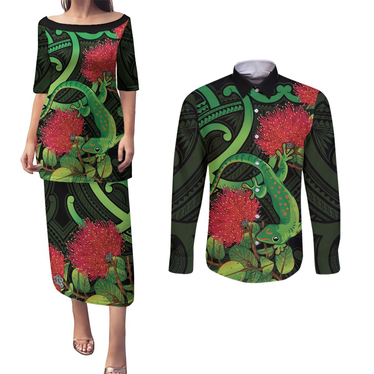 New Zealand Gecko Couples Matching Puletasi and Long Sleeve Button Shirt Aotearoa Maori With Pohutukawa Flowers