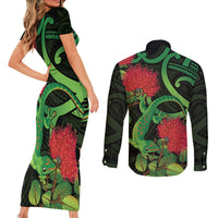 New Zealand Gecko Couples Matching Short Sleeve Bodycon Dress and Long Sleeve Button Shirt Aotearoa Maori With Pohutukawa Flowers