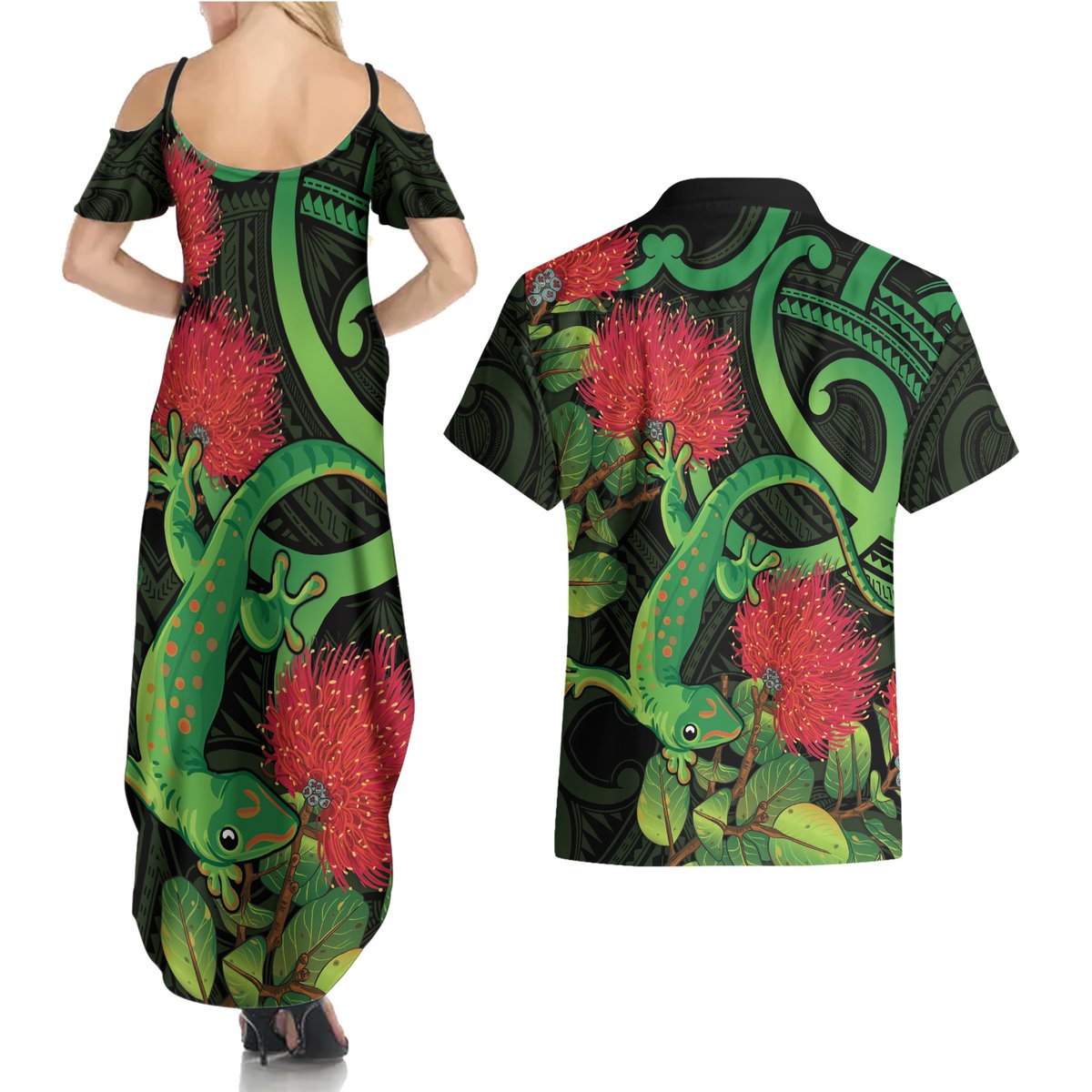 New Zealand Gecko Couples Matching Summer Maxi Dress and Hawaiian Shirt Aotearoa Maori With Pohutukawa Flowers