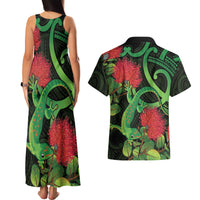 New Zealand Gecko Couples Matching Tank Maxi Dress and Hawaiian Shirt Aotearoa Maori With Pohutukawa Flowers