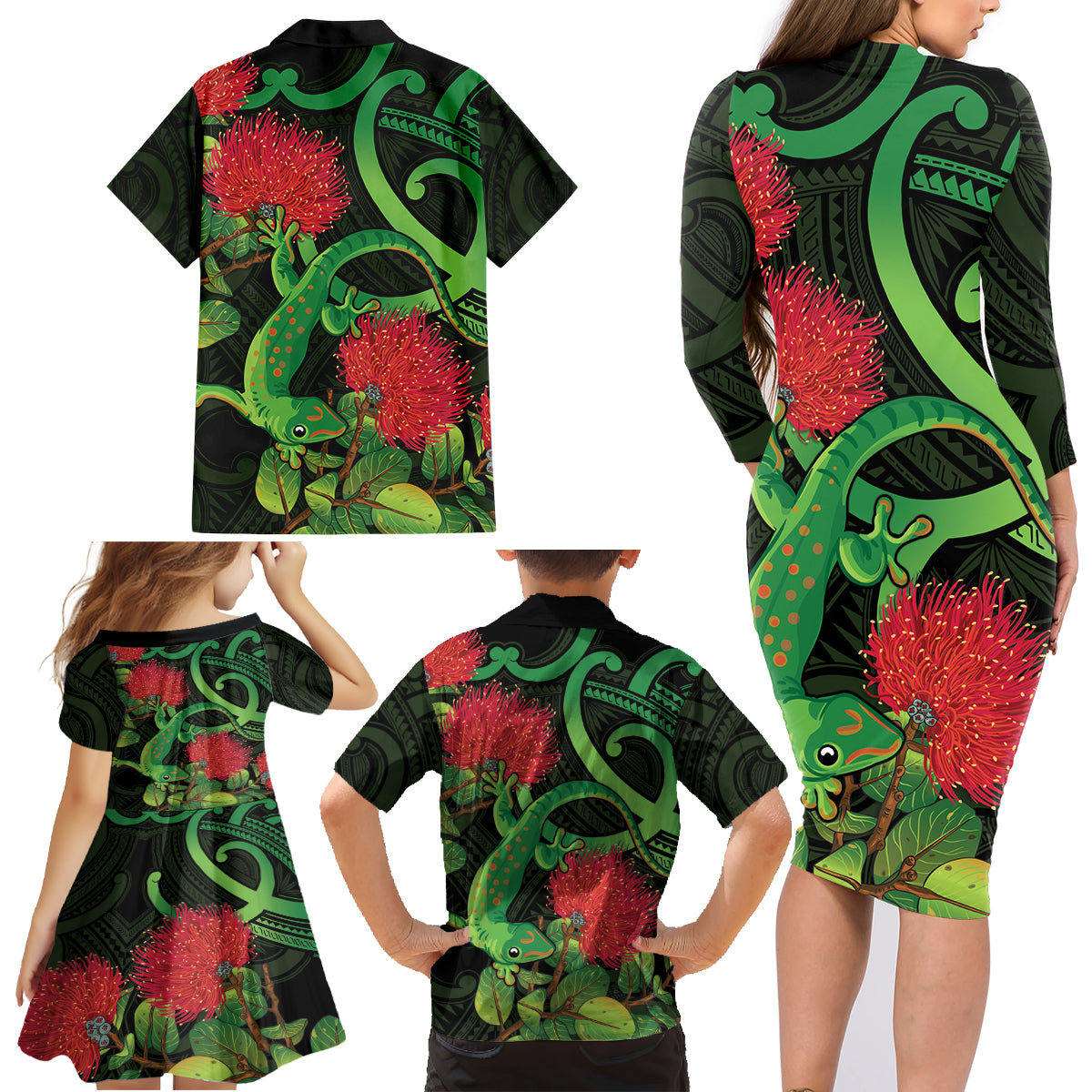 New Zealand Gecko Family Matching Long Sleeve Bodycon Dress and Hawaiian Shirt Aotearoa Maori With Pohutukawa Flowers