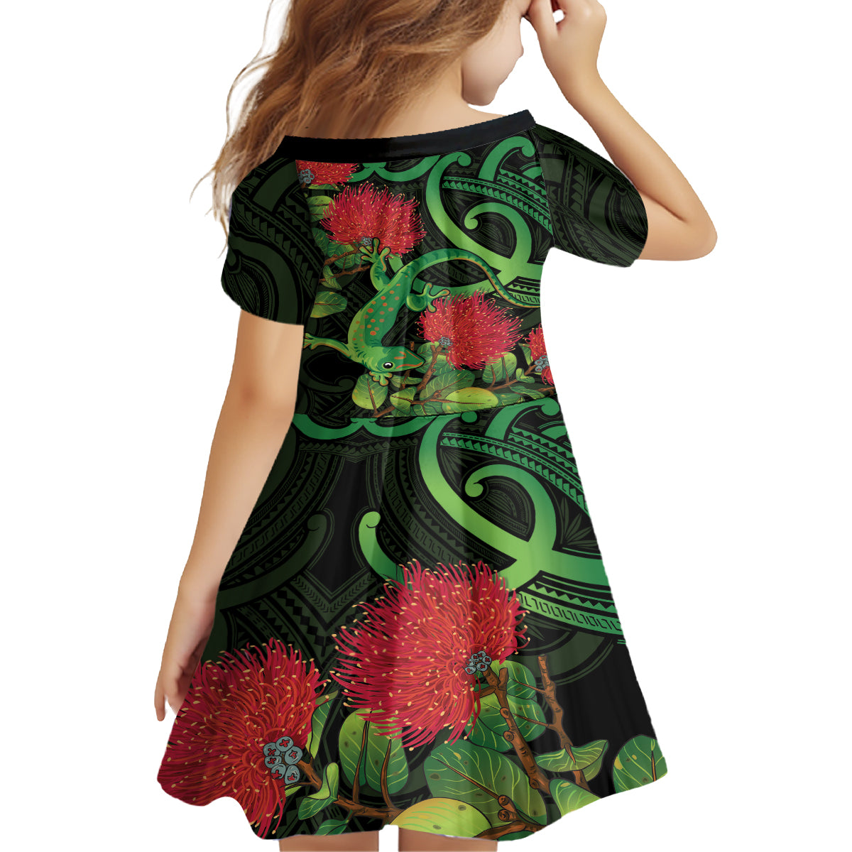 New Zealand Gecko Family Matching Off The Shoulder Long Sleeve Dress and Hawaiian Shirt Aotearoa Maori With Pohutukawa Flowers