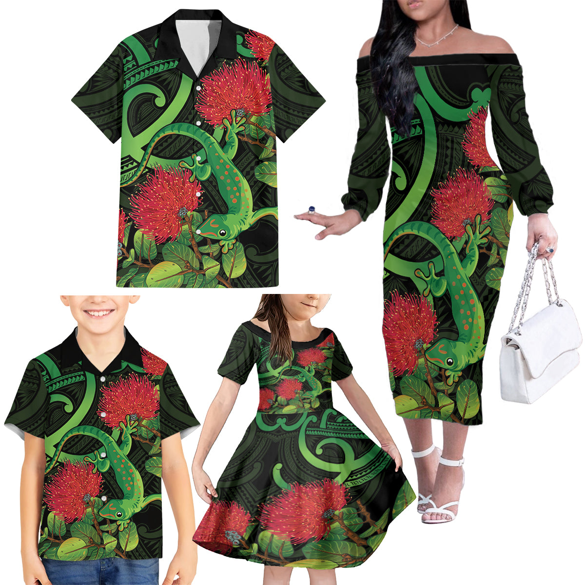 New Zealand Gecko Family Matching Off The Shoulder Long Sleeve Dress and Hawaiian Shirt Aotearoa Maori With Pohutukawa Flowers LT14 - Polynesian Pride