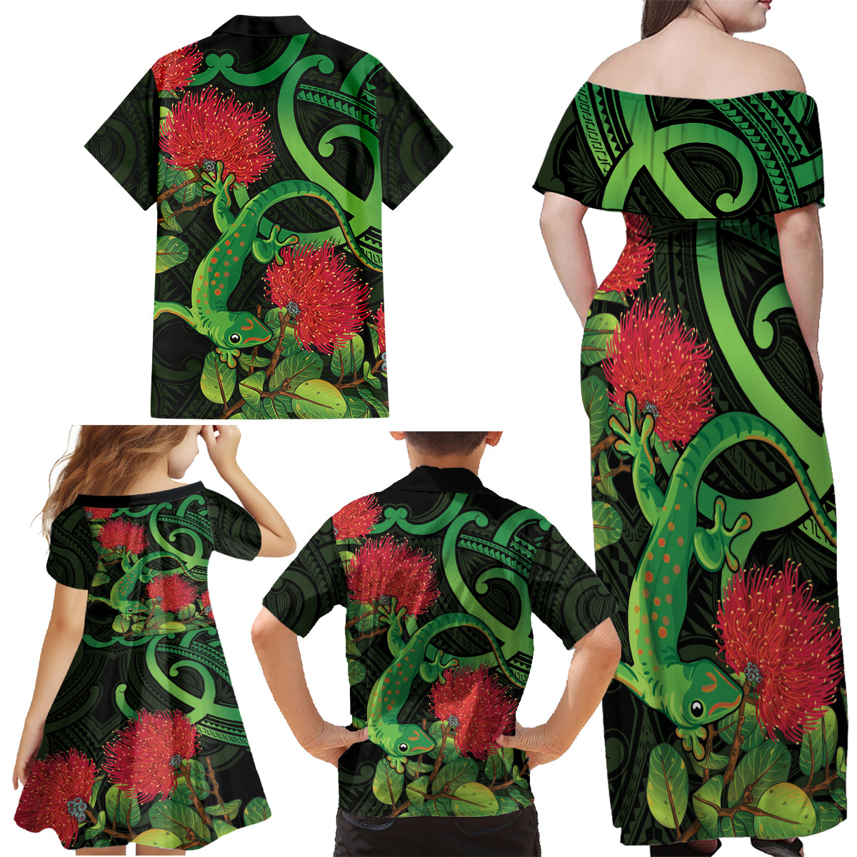 New Zealand Gecko Family Matching Off Shoulder Maxi Dress and Hawaiian Shirt Aotearoa Maori With Pohutukawa Flowers