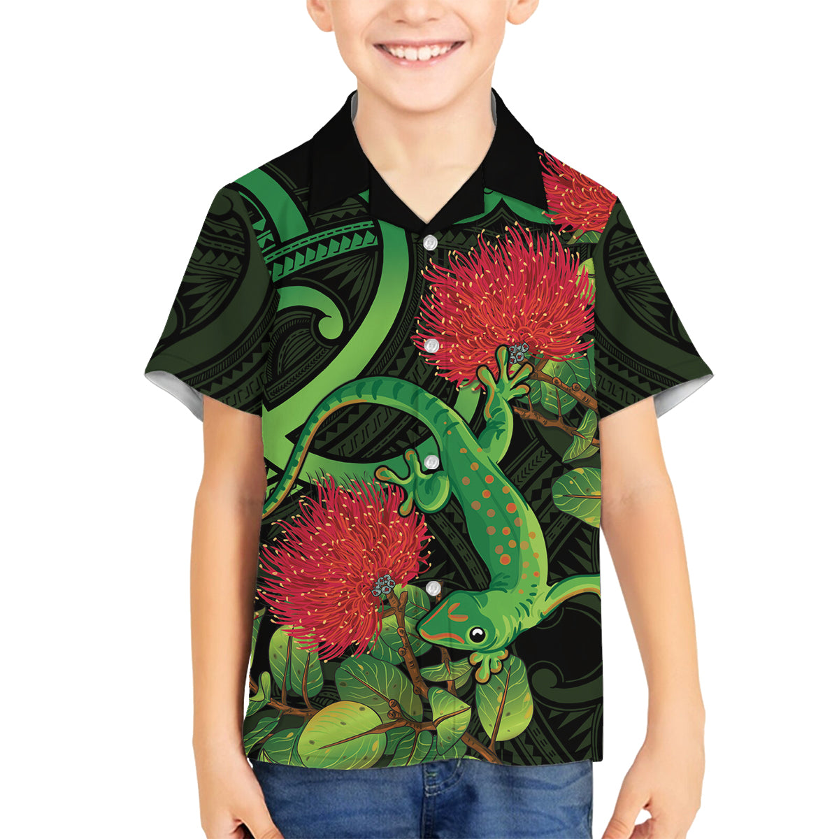 New Zealand Gecko Family Matching Off Shoulder Maxi Dress and Hawaiian Shirt Aotearoa Maori With Pohutukawa Flowers