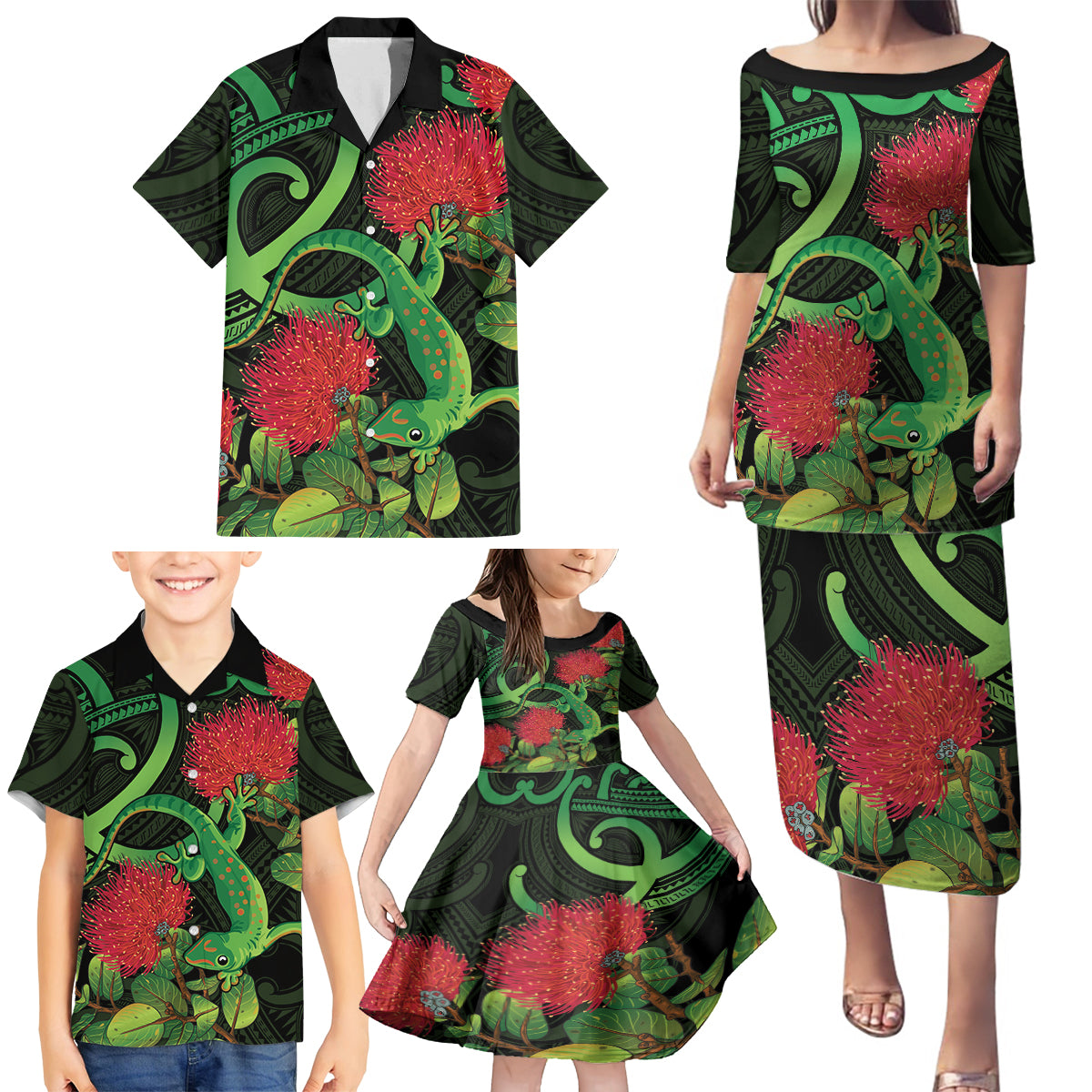 New Zealand Gecko Family Matching Puletasi and Hawaiian Shirt Aotearoa Maori With Pohutukawa Flowers