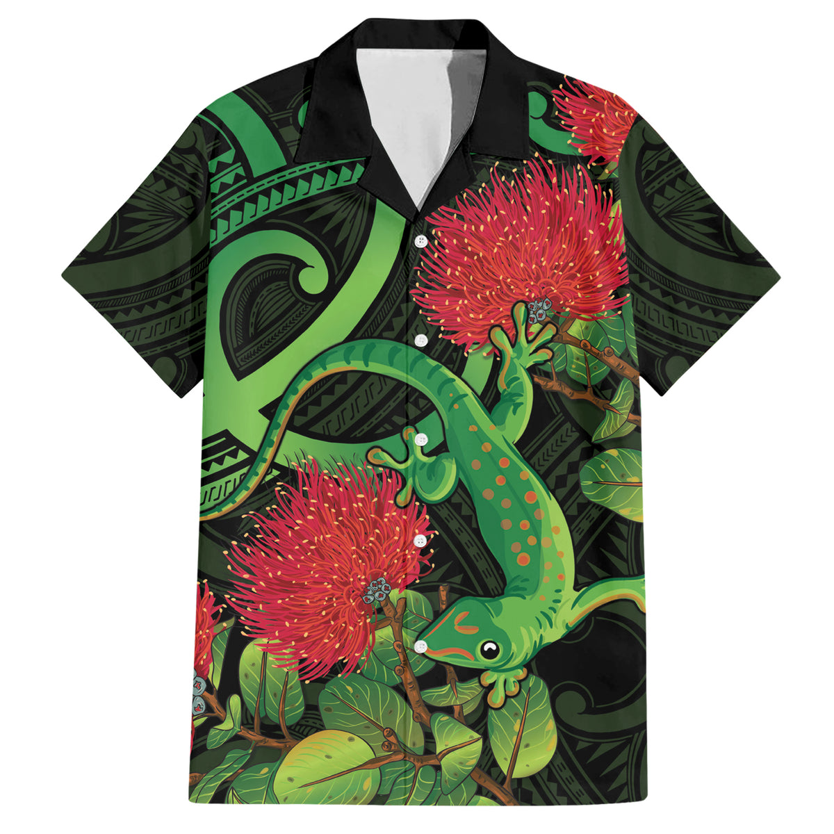 New Zealand Gecko Family Matching Short Sleeve Bodycon Dress and Hawaiian Shirt Aotearoa Maori With Pohutukawa Flowers