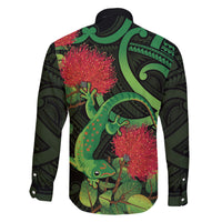 New Zealand Gecko Family Matching Short Sleeve Bodycon Dress and Hawaiian Shirt Aotearoa Maori With Pohutukawa Flowers