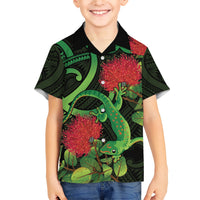 New Zealand Gecko Family Matching Short Sleeve Bodycon Dress and Hawaiian Shirt Aotearoa Maori With Pohutukawa Flowers