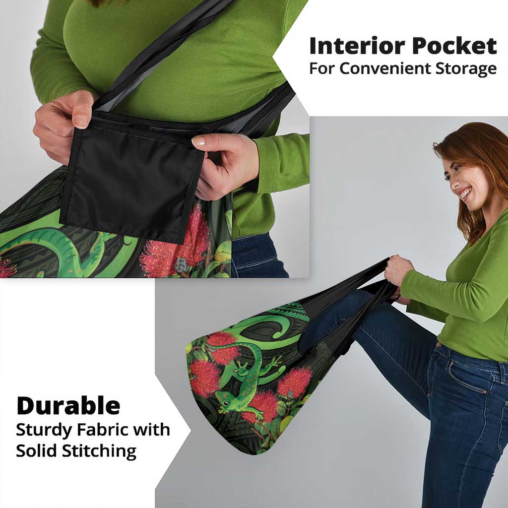 New Zealand Gecko Grocery Bag Aotearoa Maori With Pohutukawa Flowers