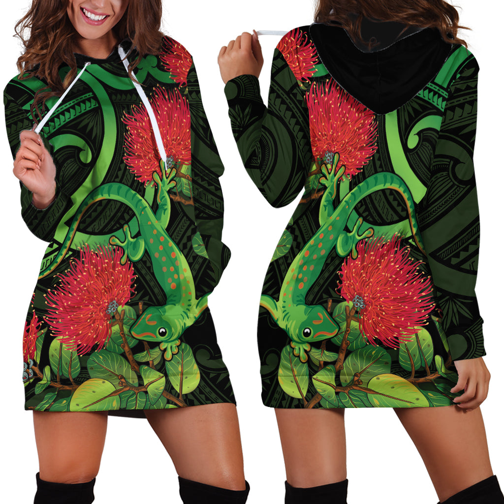 New Zealand Gecko Hoodie Dress Aotearoa Maori With Pohutukawa Flowers
