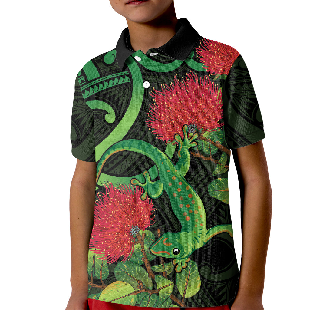 New Zealand Gecko Kid Polo Shirt Aotearoa Maori With Pohutukawa Flowers