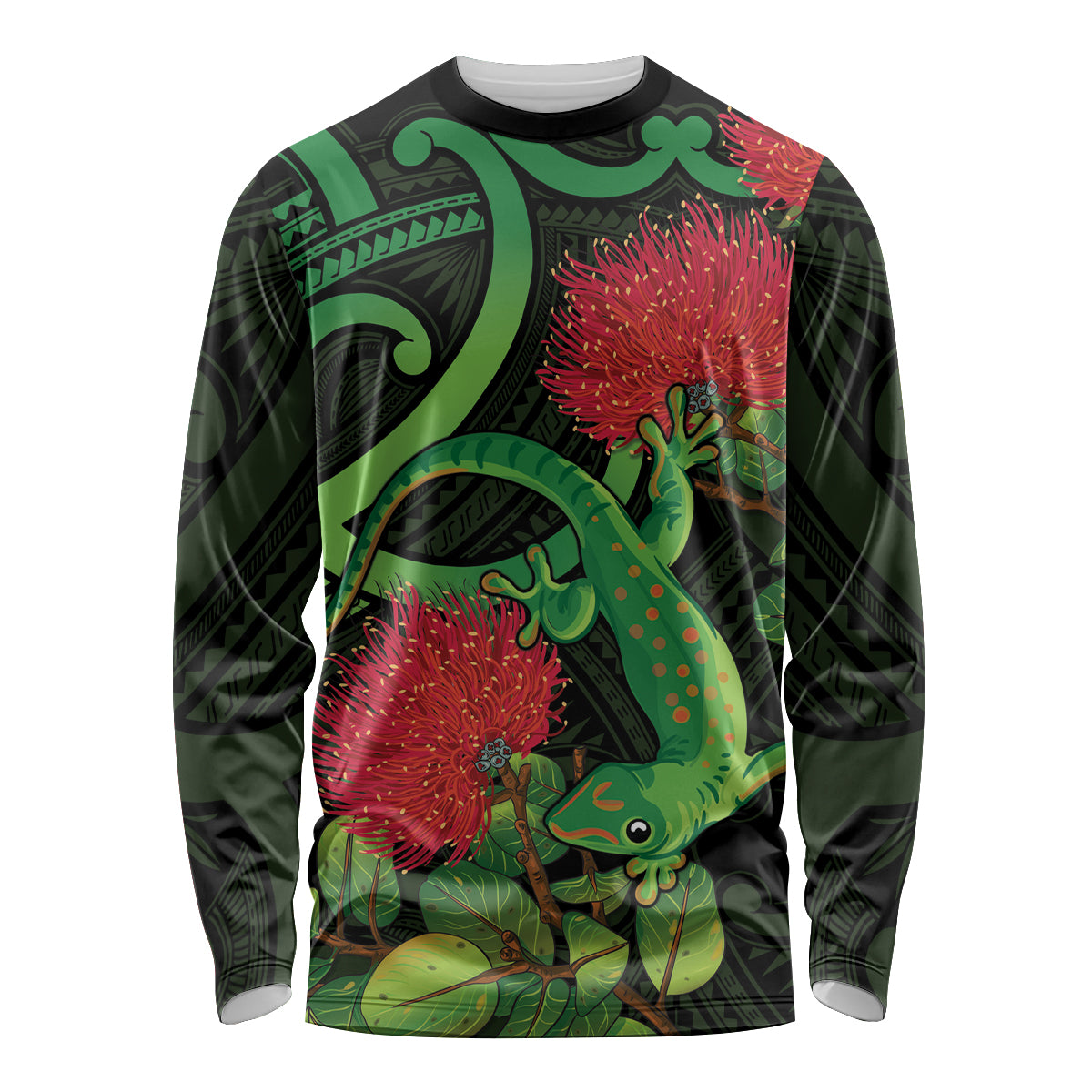 New Zealand Gecko Long Sleeve Shirt Aotearoa Maori With Pohutukawa Flowers