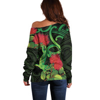 New Zealand Gecko Off Shoulder Sweater Aotearoa Maori With Pohutukawa Flowers