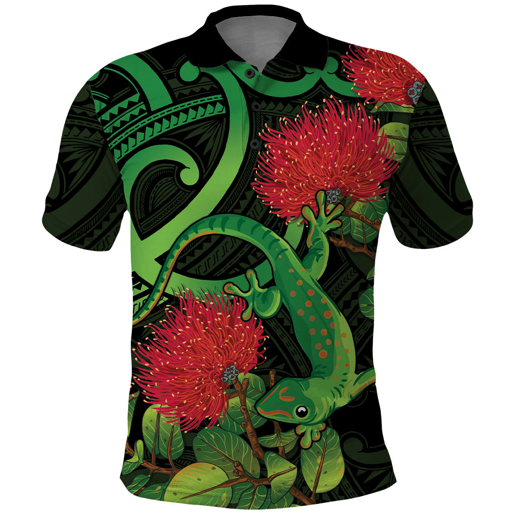 New Zealand Gecko Polo Shirt Aotearoa Maori With Pohutukawa Flowers
