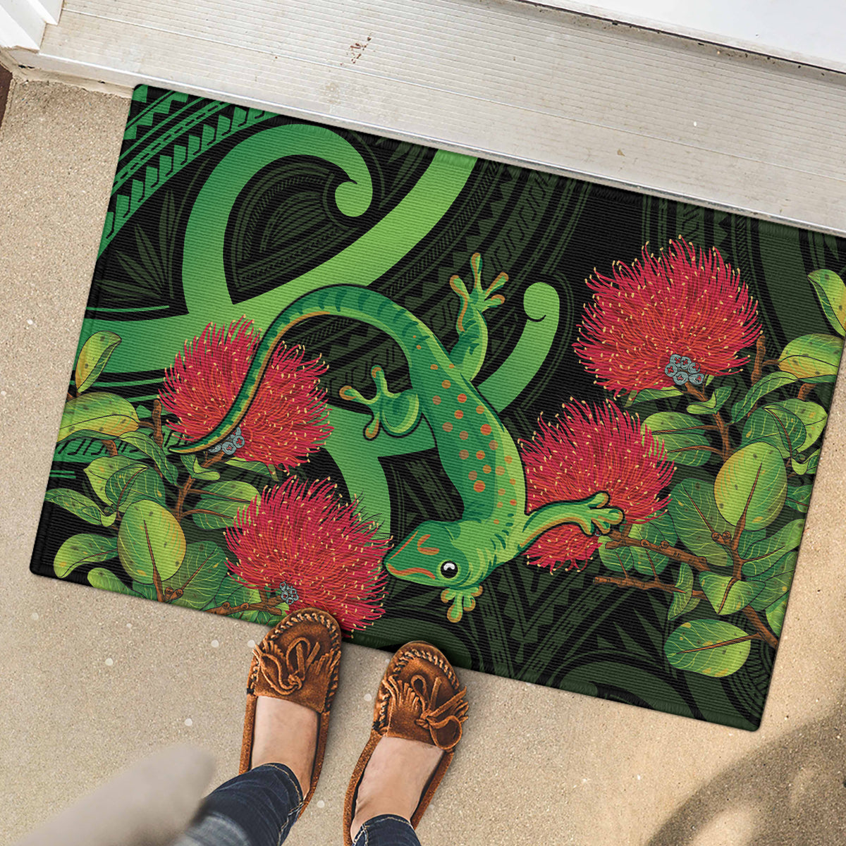 New Zealand Gecko Rubber Doormat Aotearoa Maori With Pohutukawa Flowers