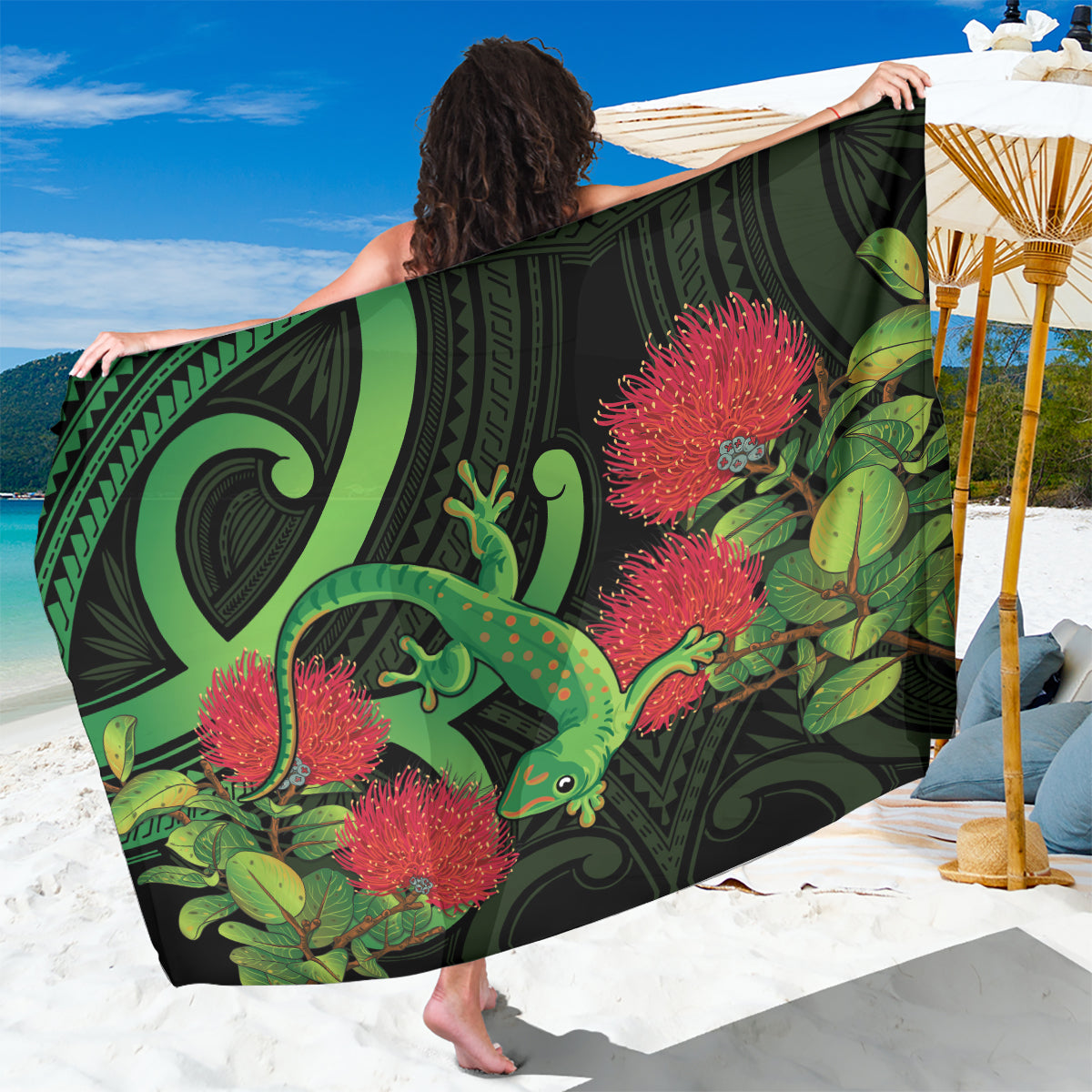 New Zealand Gecko Sarong Aotearoa Maori With Pohutukawa Flowers