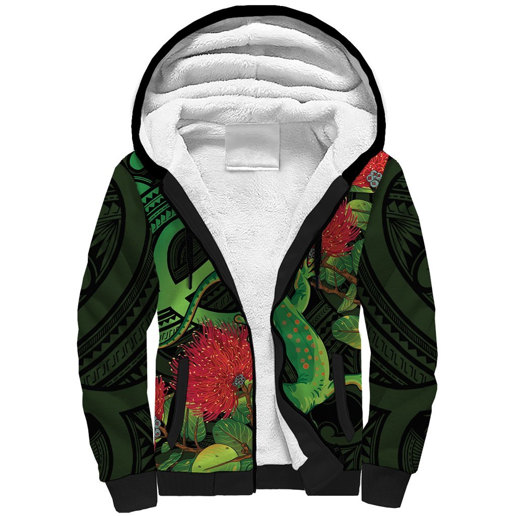 New Zealand Gecko Sherpa Hoodie Aotearoa Maori With Pohutukawa Flowers LT14 Unisex Black - Polynesian Pride