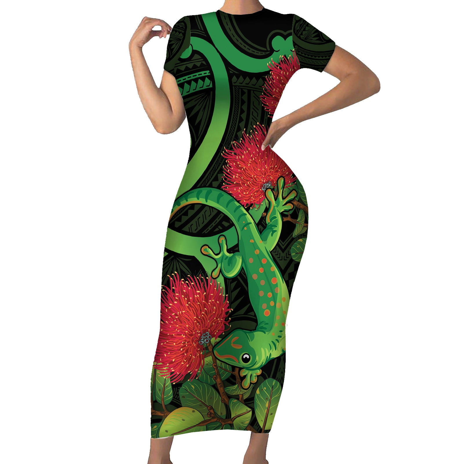 New Zealand Gecko Short Sleeve Bodycon Dress Aotearoa Maori With Pohutukawa Flowers