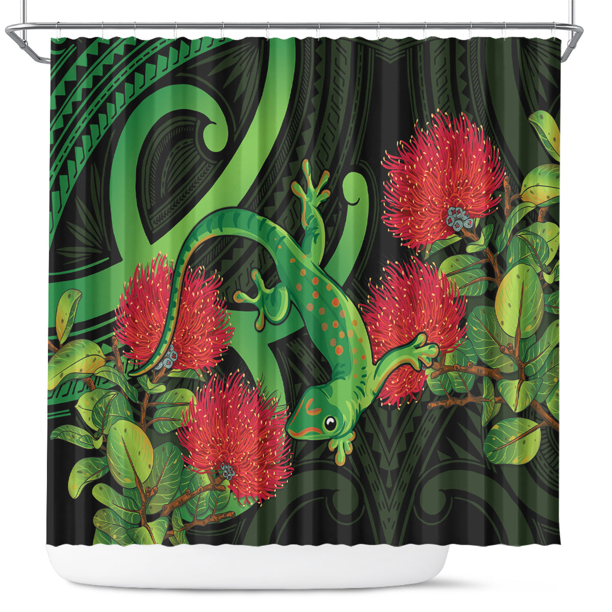 New Zealand Gecko Shower Curtain Aotearoa Maori With Pohutukawa Flowers LT14 Black - Polynesian Pride
