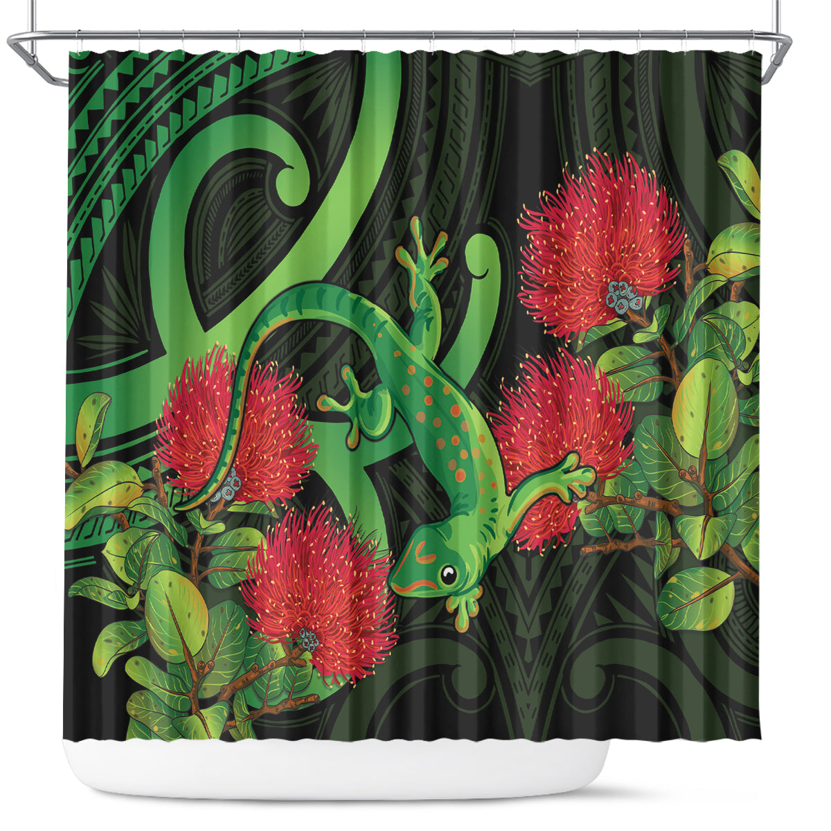 New Zealand Gecko Shower Curtain Aotearoa Maori With Pohutukawa Flowers