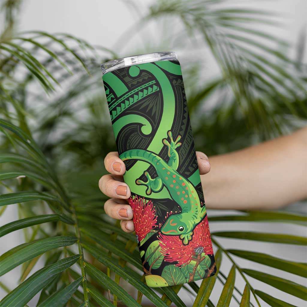New Zealand Gecko Skinny Tumbler Aotearoa Maori With Pohutukawa Flowers