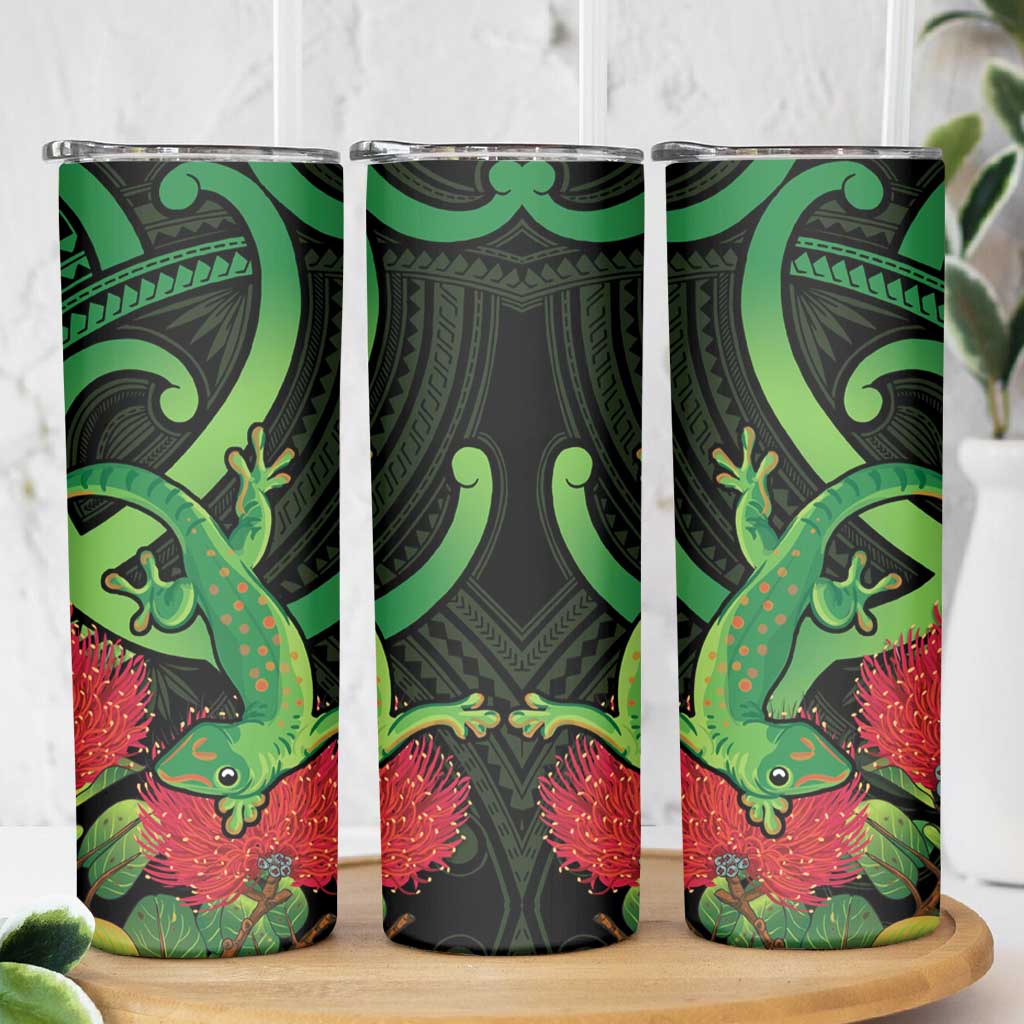 New Zealand Gecko Skinny Tumbler Aotearoa Maori With Pohutukawa Flowers