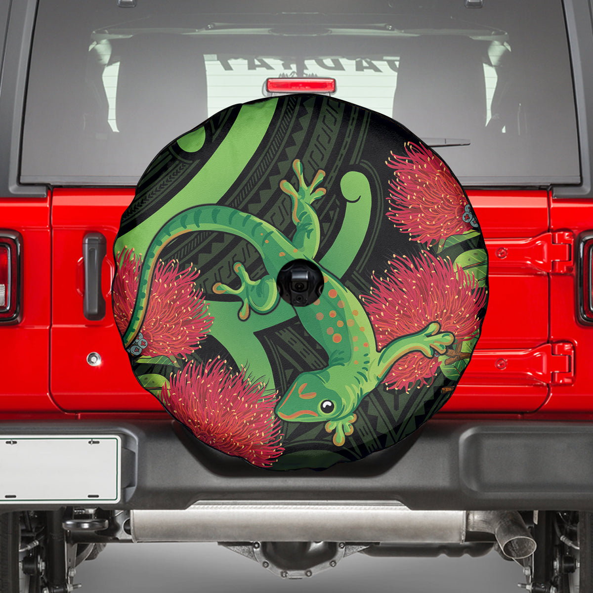 New Zealand Gecko Spare Tire Cover Aotearoa Maori With Pohutukawa Flowers