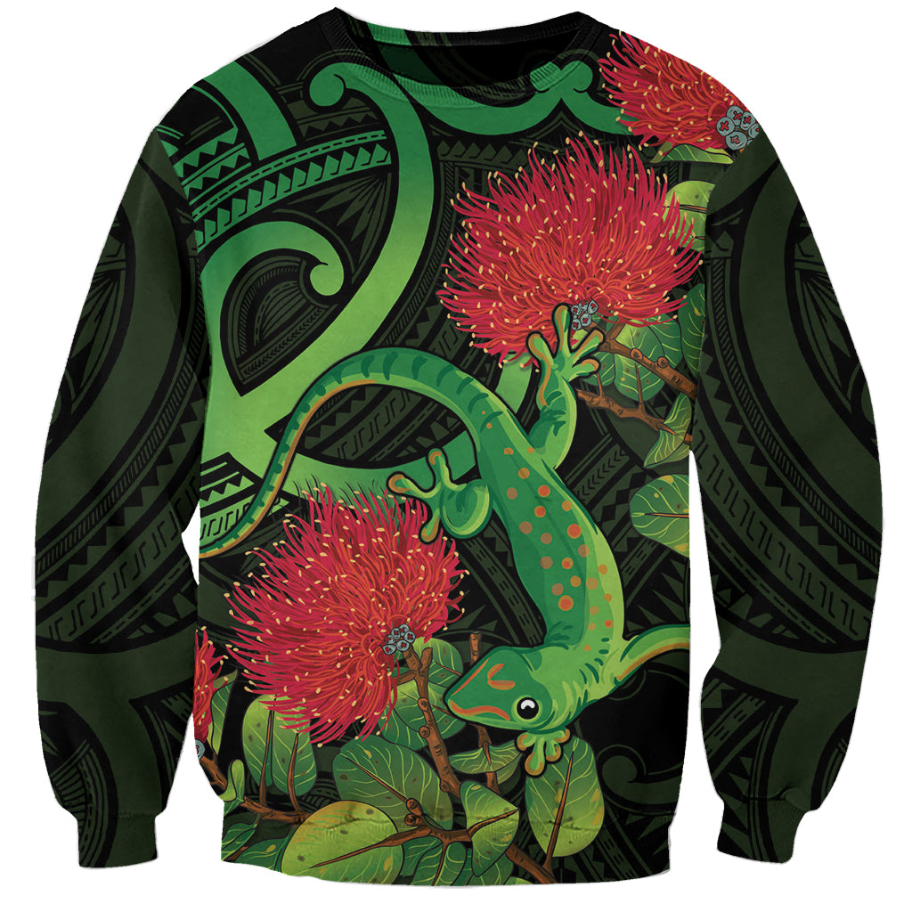 New Zealand Gecko Sweatshirt Aotearoa Maori With Pohutukawa Flowers