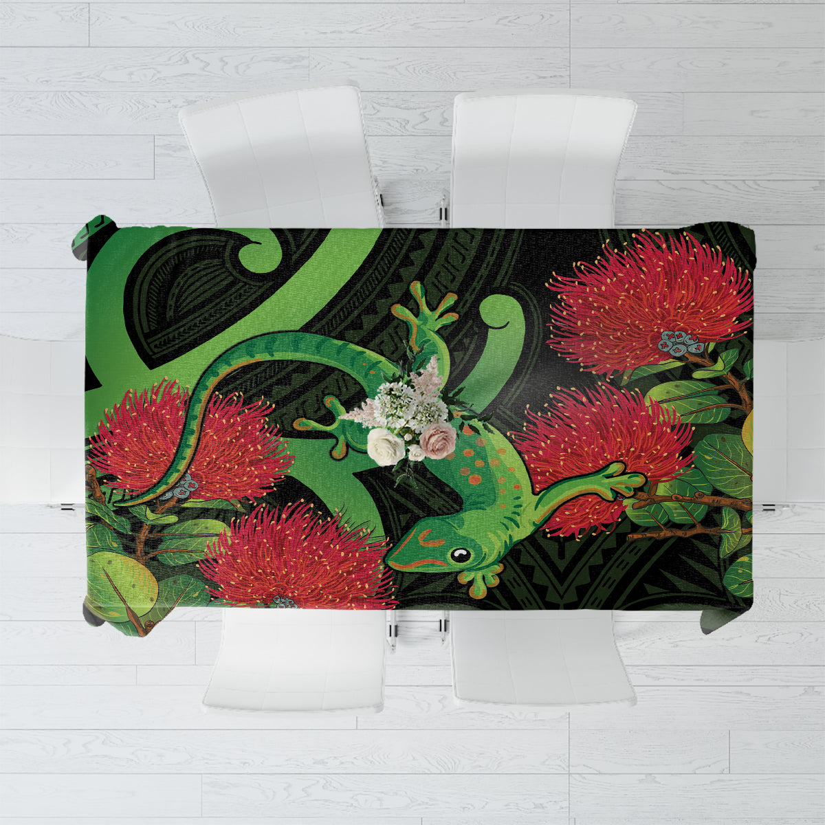 New Zealand Gecko Tablecloth Aotearoa Maori With Pohutukawa Flowers