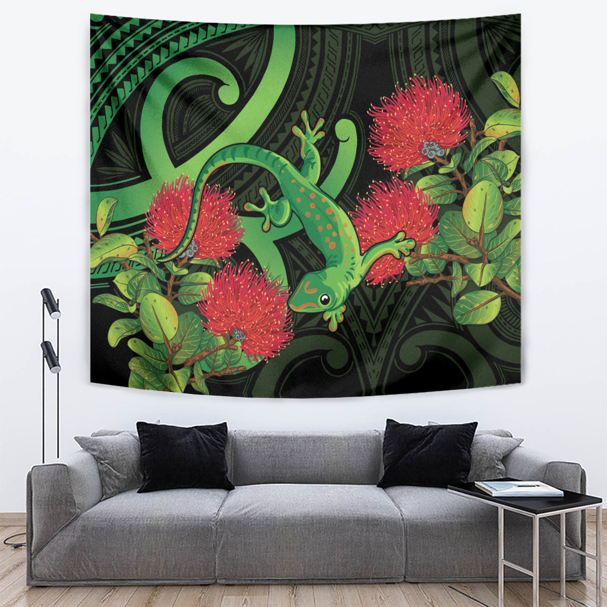 New Zealand Gecko Tapestry Aotearoa Maori With Pohutukawa Flowers LT14 Black - Polynesian Pride