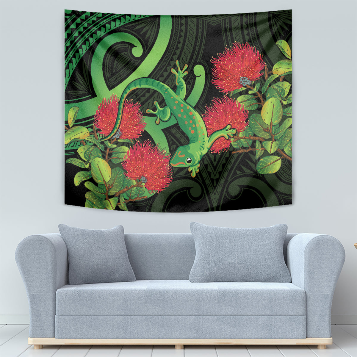 New Zealand Gecko Tapestry Aotearoa Maori With Pohutukawa Flowers