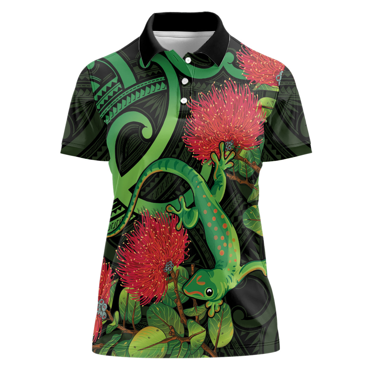 New Zealand Gecko Women Polo Shirt Aotearoa Maori With Pohutukawa Flowers