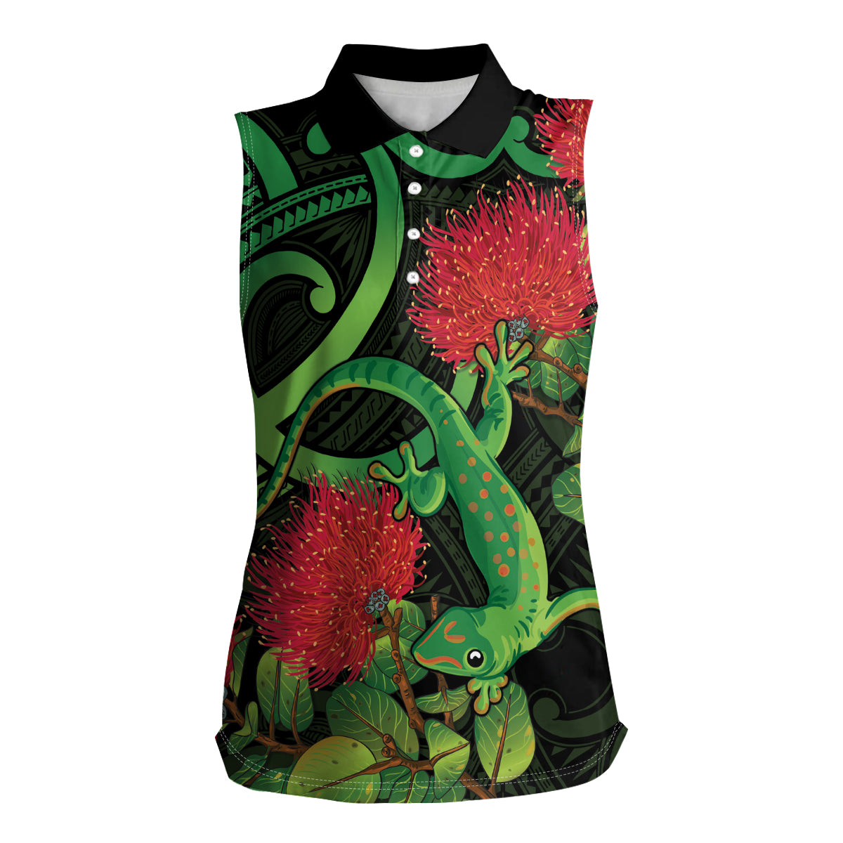 New Zealand Gecko Women Sleeveless Polo Shirt Aotearoa Maori With Pohutukawa Flowers