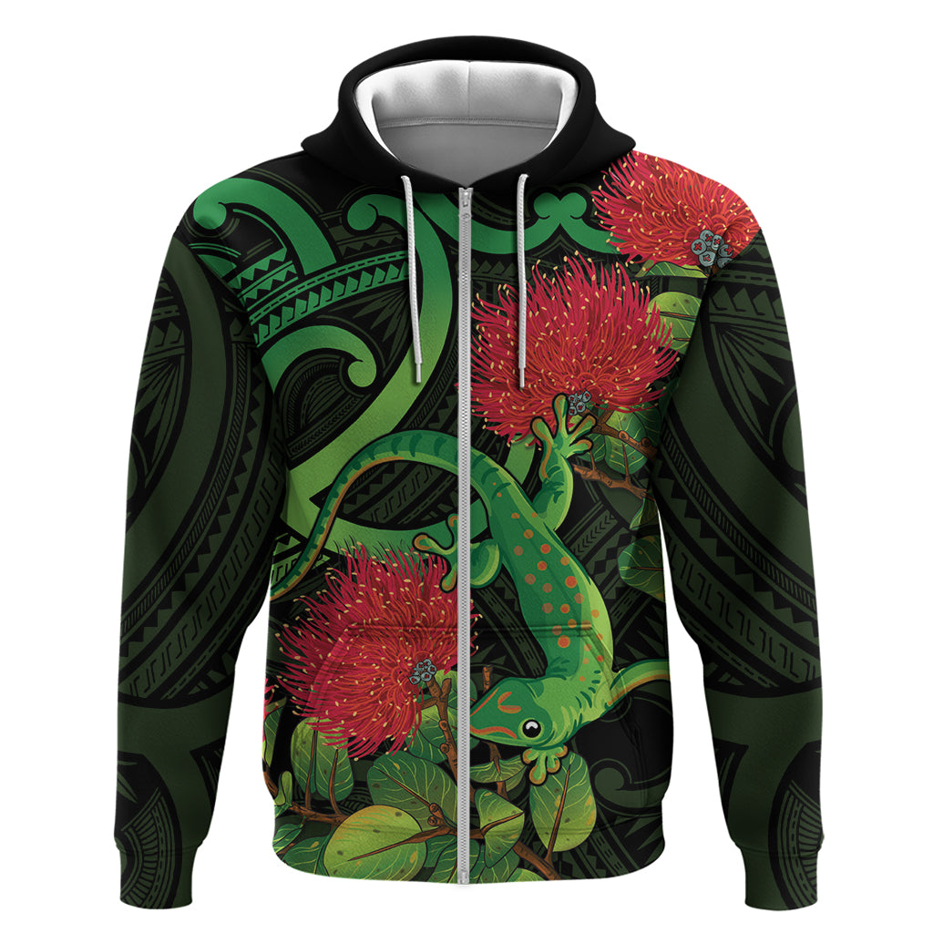 New Zealand Gecko Zip Hoodie Aotearoa Maori With Pohutukawa Flowers LT14 Zip Hoodie Black - Polynesian Pride