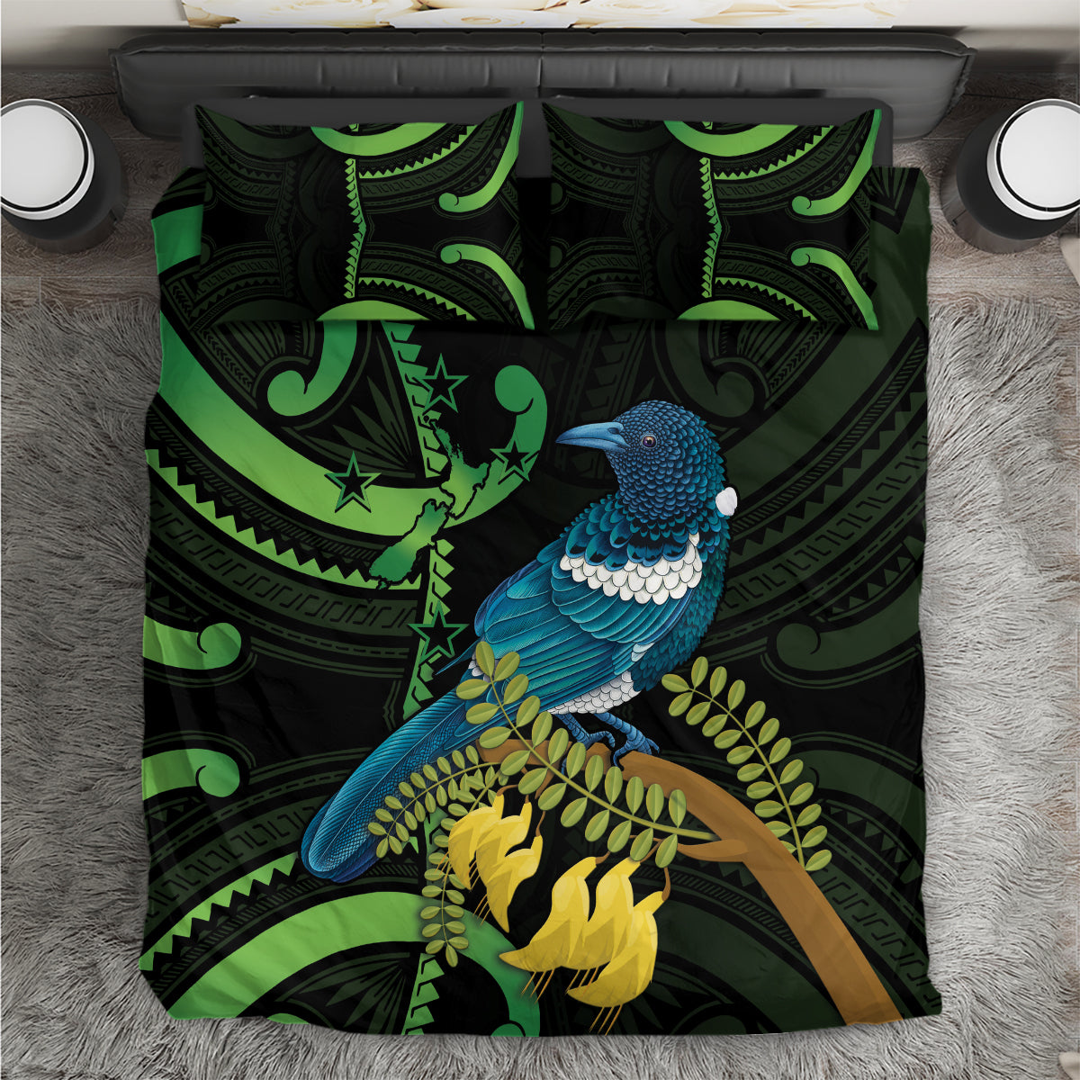 New Zealand Tui Bird Bedding Set Aotearoa Maori With Kowhai Flowers LT14 Black - Polynesian Pride
