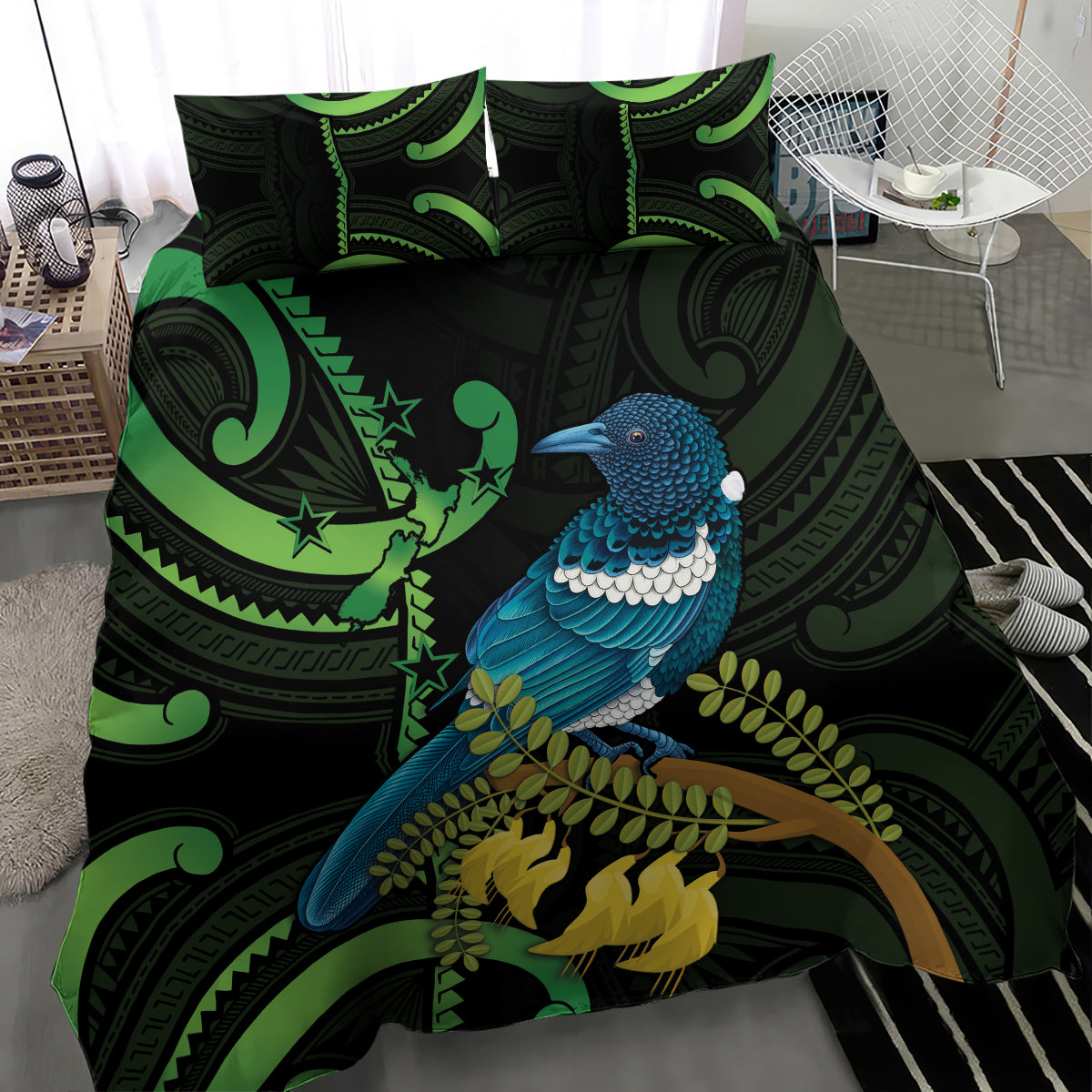 New Zealand Tui Bird Bedding Set Aotearoa Maori With Kowhai Flowers