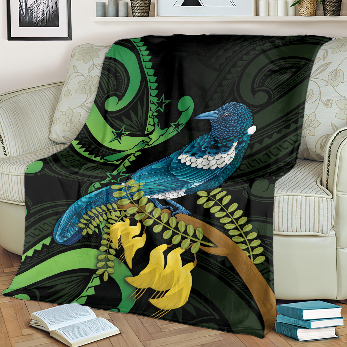 New Zealand Tui Bird Blanket Aotearoa Maori With Kowhai Flowers