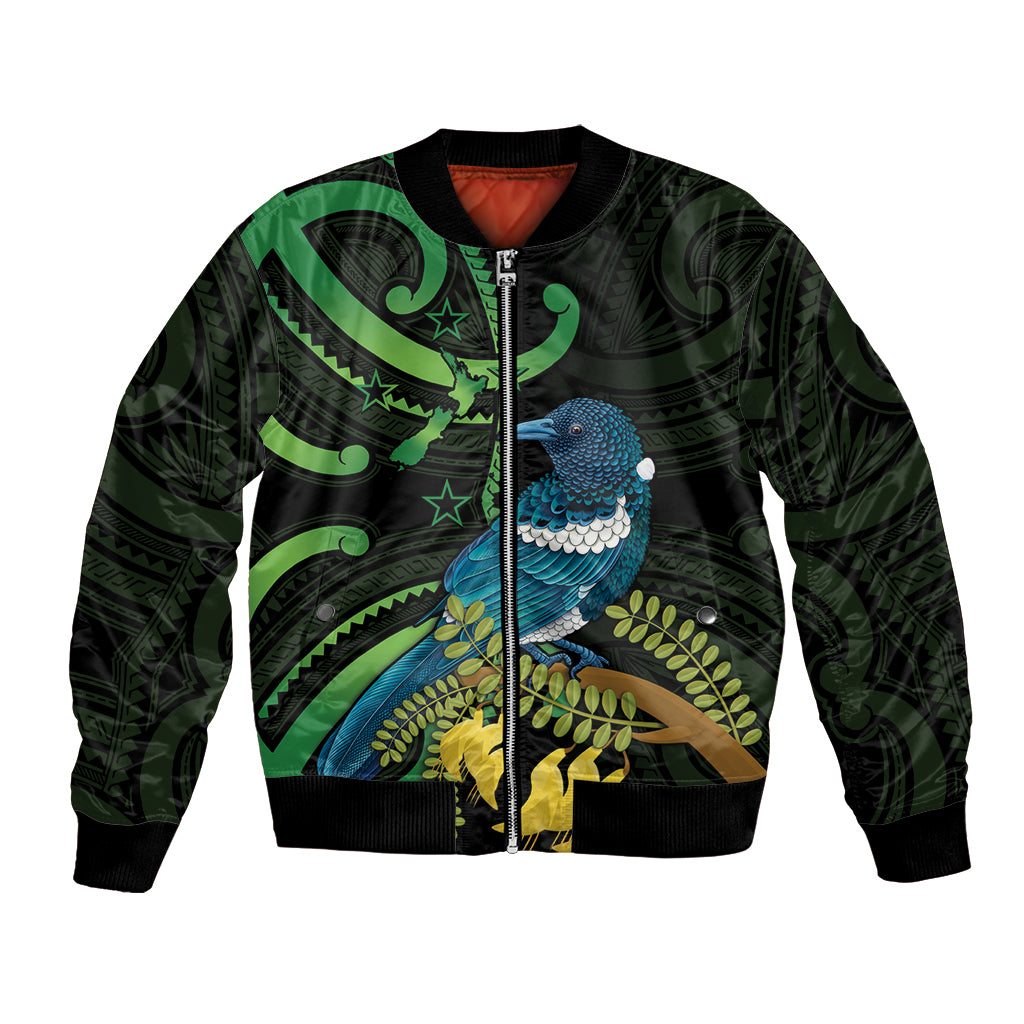 New Zealand Tui Bird Bomber Jacket Aotearoa Maori With Kowhai Flowers LT14 Unisex Black - Polynesian Pride