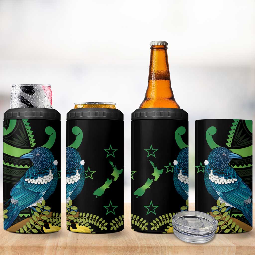 New Zealand Tui Bird 4 in 1 Can Cooler Tumbler Aotearoa Maori With Kowhai Flowers