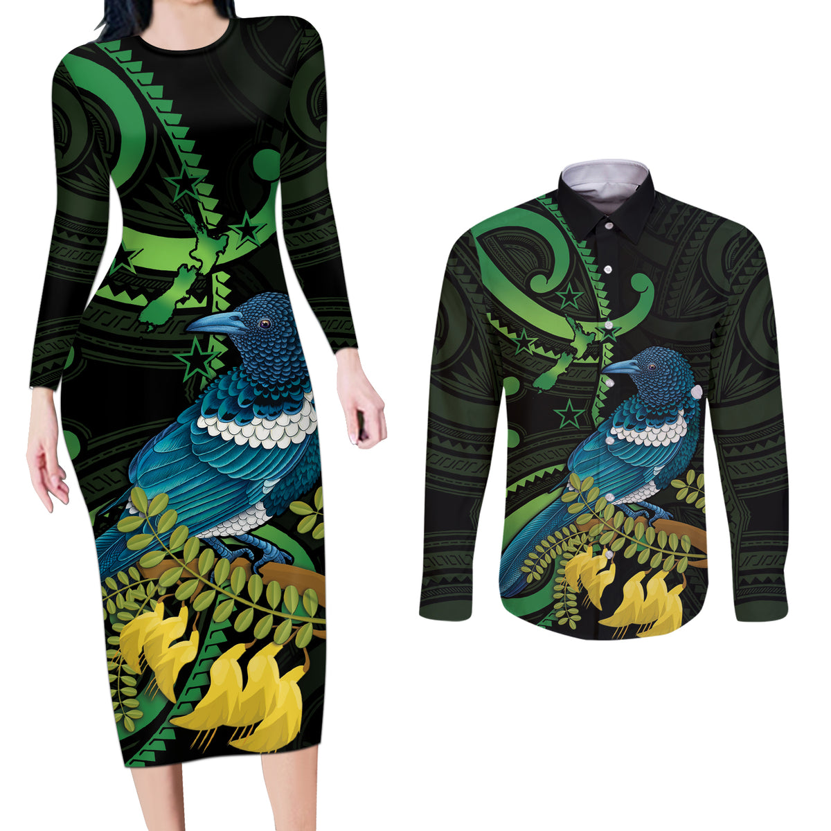 New Zealand Tui Bird Couples Matching Long Sleeve Bodycon Dress and Long Sleeve Button Shirt Aotearoa Maori With Kowhai Flowers