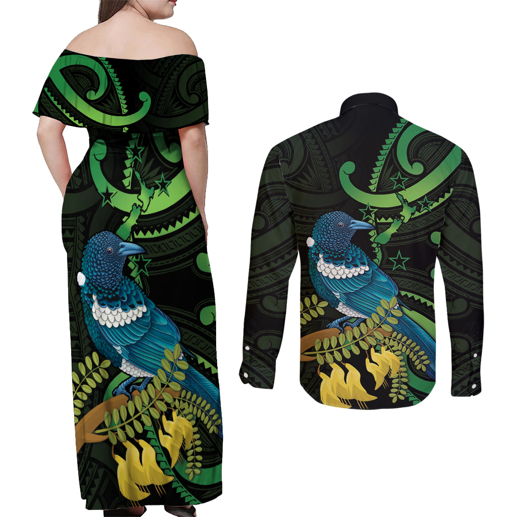 New Zealand Tui Bird Couples Matching Off Shoulder Maxi Dress and Long Sleeve Button Shirt Aotearoa Maori With Kowhai Flowers