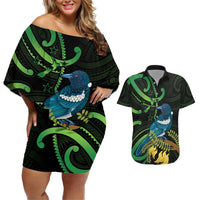 New Zealand Tui Bird Couples Matching Off Shoulder Short Dress and Hawaiian Shirt Aotearoa Maori With Kowhai Flowers