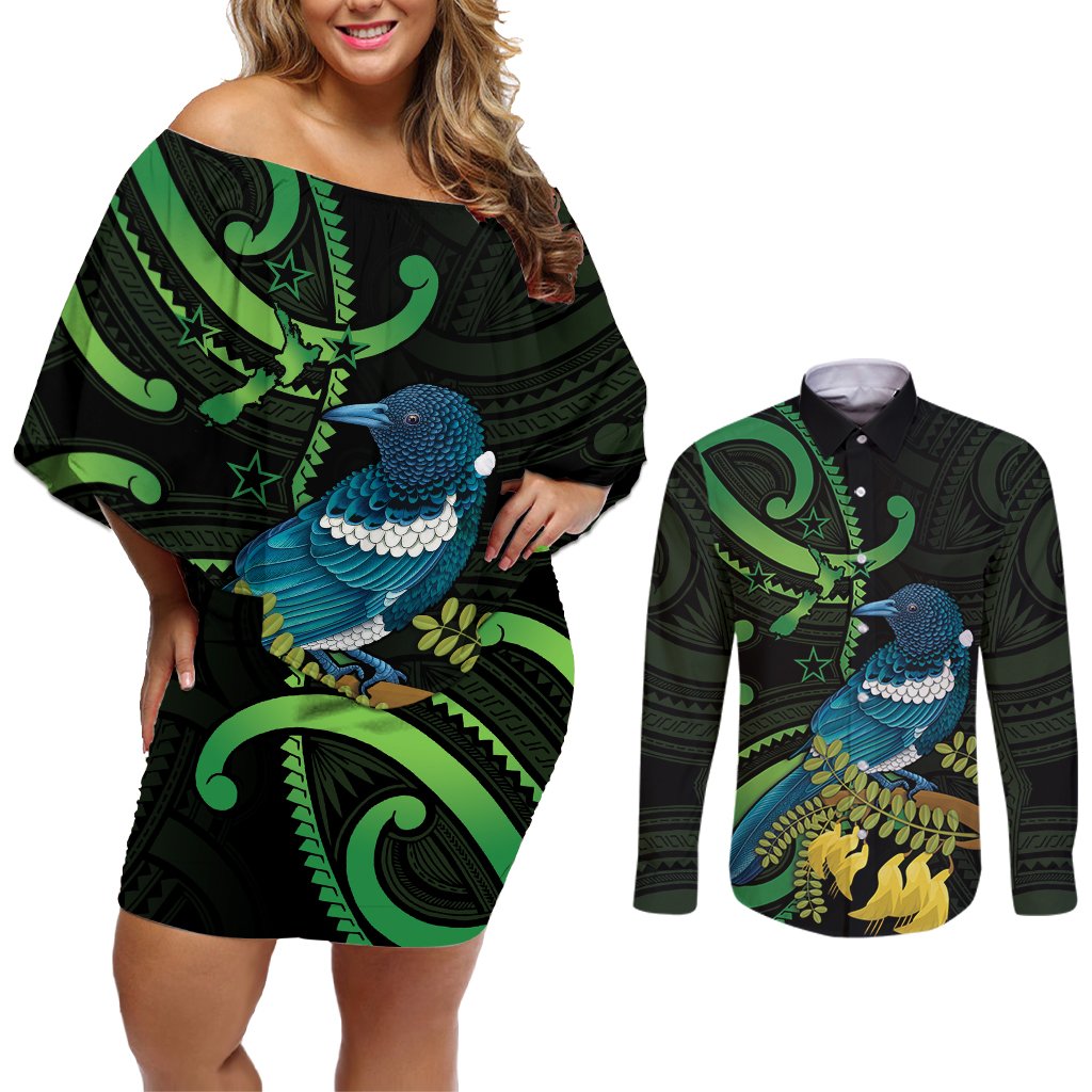 New Zealand Tui Bird Couples Matching Off Shoulder Short Dress and Long Sleeve Button Shirt Aotearoa Maori With Kowhai Flowers